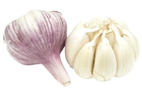 Two garlic against the white background