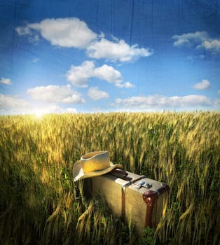 Old suitcase with straw hat in wheatfield