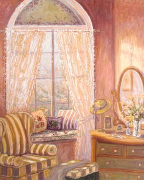 Whimsical oil painting of a child's bedroom