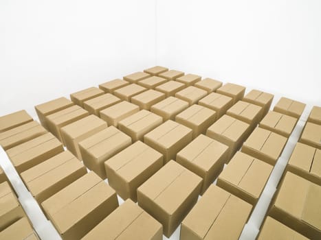 Arranged cardboard boxes on white background