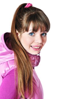 portrait of cheerful sporty gitl wearing lilac west
