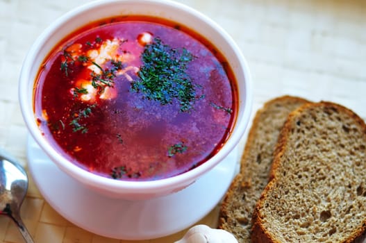 ukrainian and russian red-beet soup (borscht) with garlic and sour cream
