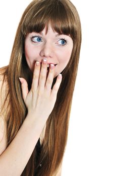 cheerful and surprised longhaired beautiful girl over the white