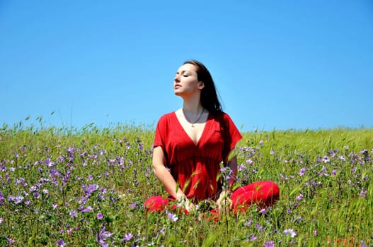 brunette girl resting in the grass in  summer  time