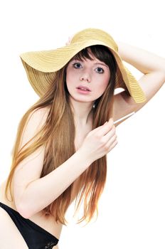 smoking beautiful topless girl in straw hat