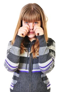 sad teen girl crying over the white