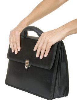 hand holding a black briefcase on a white background