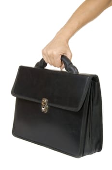 hand holding a black briefcase on a white background