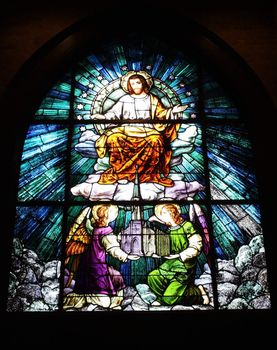 Stained glass window in a Catholic Church.

