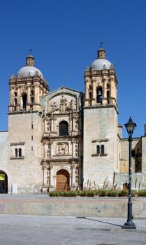 Cathedral with lamp in Oaxaca city in Mexico
