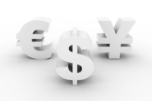 White Dollar Euro and Yen symbol isolated on white 3d render