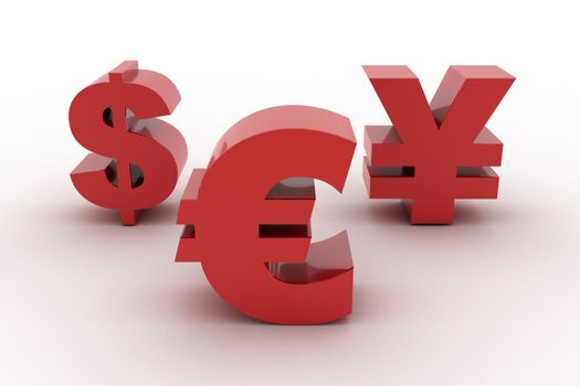 Red Euro Dollar and Yen symbols isolated on white background
