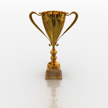 Golden trophy reflected on white 3d render