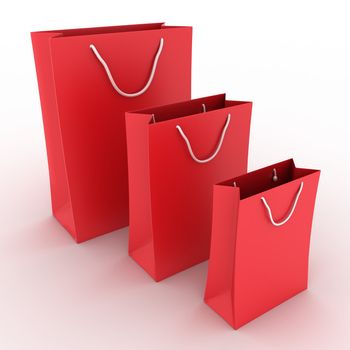 Three red shopping bags on white background 3d render