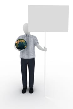 3d Human modelholds the world and banner