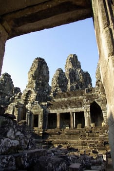 It's an unusual view of the Bayon temple in Angkor