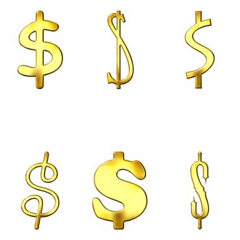 Eccentric golden dollar symbols isolated in white