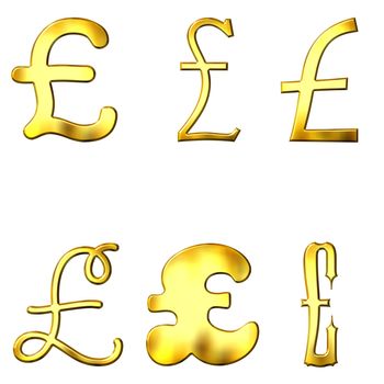 Eccentric golden Pound symbols isolated in white