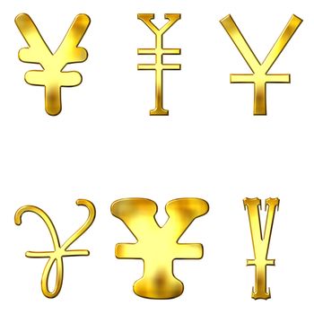 Eccentric golden Yen symbols isolated in white