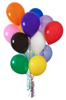 Photo of a colourful group of helium-filled balloons tied with multi-coloured ribbons.
