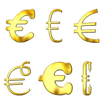 Eccentric golden Euro symbols isolated in white