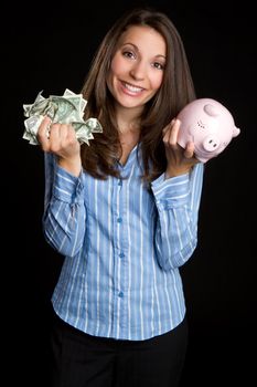 Piggy bank woman saving money