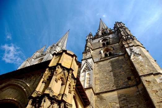 A nice low-angle view of the Bayonne Cathedral