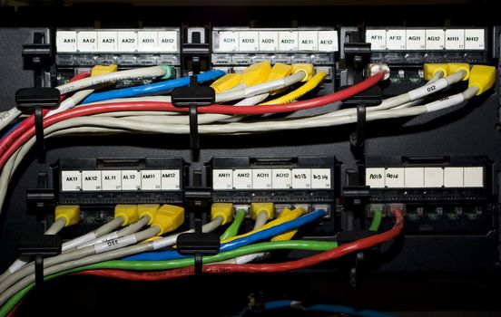 Switching bay with lots of multicolored network cables plugged