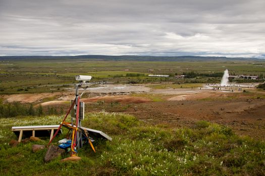 Security camera with solar in nature  Geysir - Iceland.