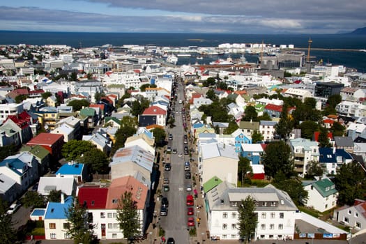 Aerial view from Hallgrimskirkja church in Reykjavik - Iceland.