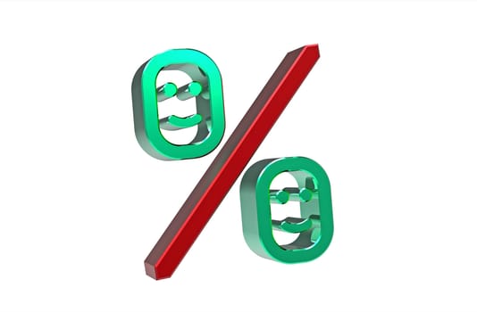 Green and red percentage symbol with smile isolated on white 3d render