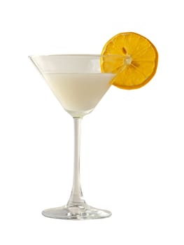 Italian dessert "sorbetto" with slice of lemon, in an elegant glass, isolated over white