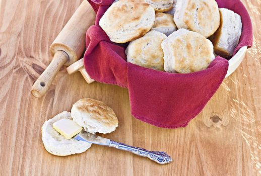 Homemade buttermilk biscuits and rolling pin
