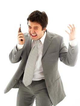 angry business man with cellular phone over white
