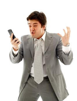 angry businessman with cellular phone over white