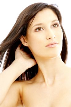 portrait of lovely topless brunette looking up