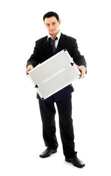 picture of businessman showing metal container over white background