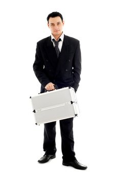 picture of businessman with metal container over white background