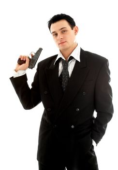 man with a gun over white background