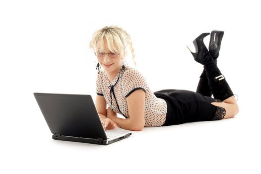 relaxed office lady with laptop computer over white
