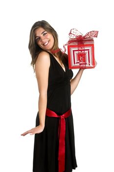 Happyl woman isolated on a white background with presents.