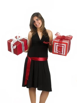 Happy woman isolated on a white background with presents.