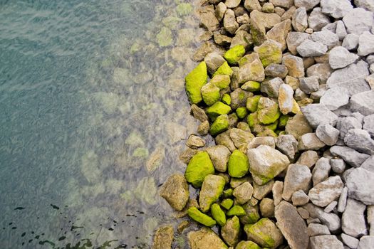 the water of the sea and some rocks in the shore