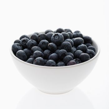 Bowl of blueberries against white background.