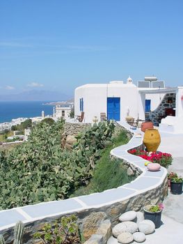 traditional house with beatifull view at mykonos island cyclades greece travel destinations