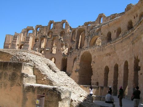 roman colosseum of tunisia and tourists ancient landmarks of africa