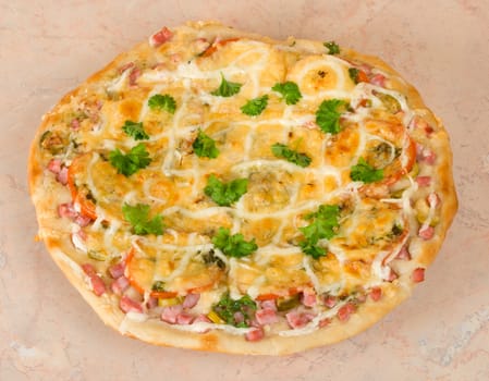 home made pizza with ham, tomato and cheese