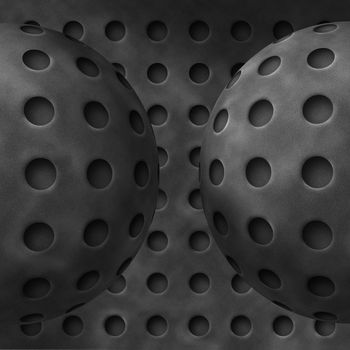 Illustration of iron gray metal spheres with holes. Structures resemble iron wiffle balls