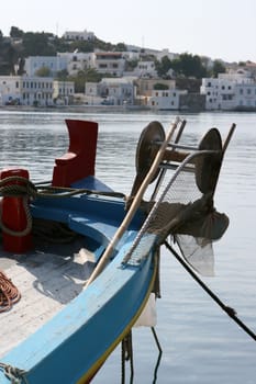 detail from fishing boat front with buildings background leros island dodecanece greece