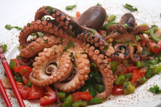 an octopus with vegetables